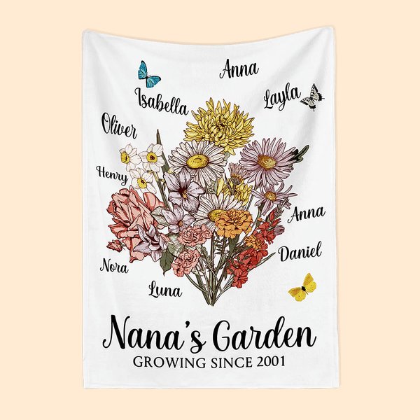Coperta in pile personalizzata con nome e anno a tema giardino per il compleanno della mamma e della nonna.