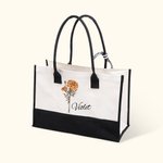 Personalised Watercolour Birth Flower Beach Canvas Tote Bag with Waterproof Liner Large Capacity Bridal Party Birthday Gift for Women