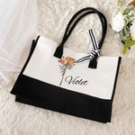 Personalised Watercolour Birth Flower Beach Canvas Tote Bag with Waterproof Liner Large Capacity Bridal Party Birthday Gift for Women