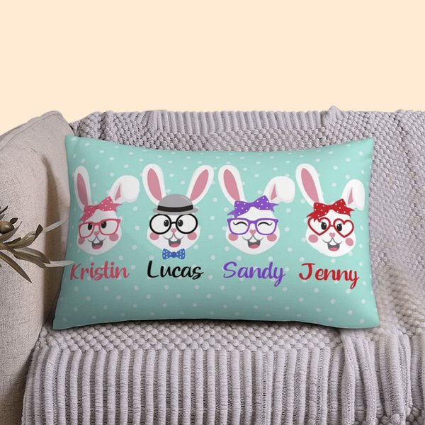 Housse d'Oreiller Personnalisée avec 1-8 Lapins et Noms Décoration sur la Canapé Cadeau pour Famille
