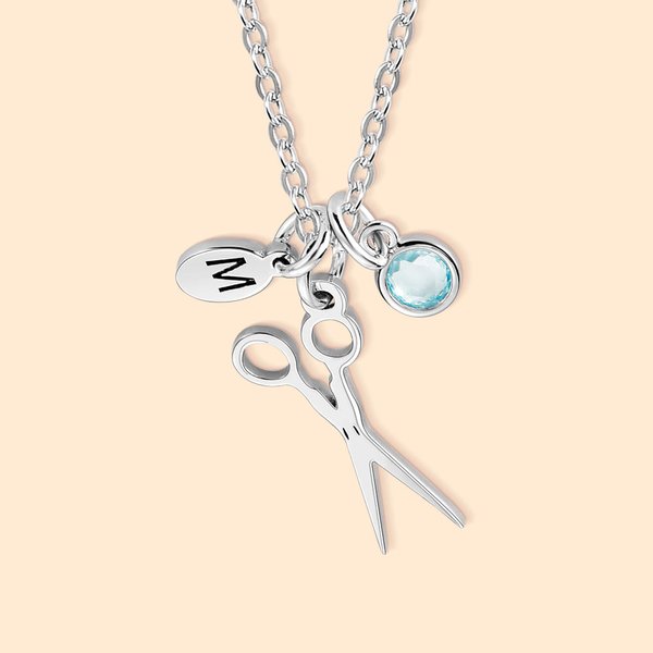 Collar personalizado de tijeras delicadas con piedra de nacimiento y disco de iniciales Regalo de graduación de cumpleaños para peluqueros Amantes de 