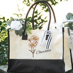 Personalised Watercolour Birth Flower Beach Canvas Tote Bag with Waterproof Liner Large Capacity Bridal Party Birthday Gift for Women