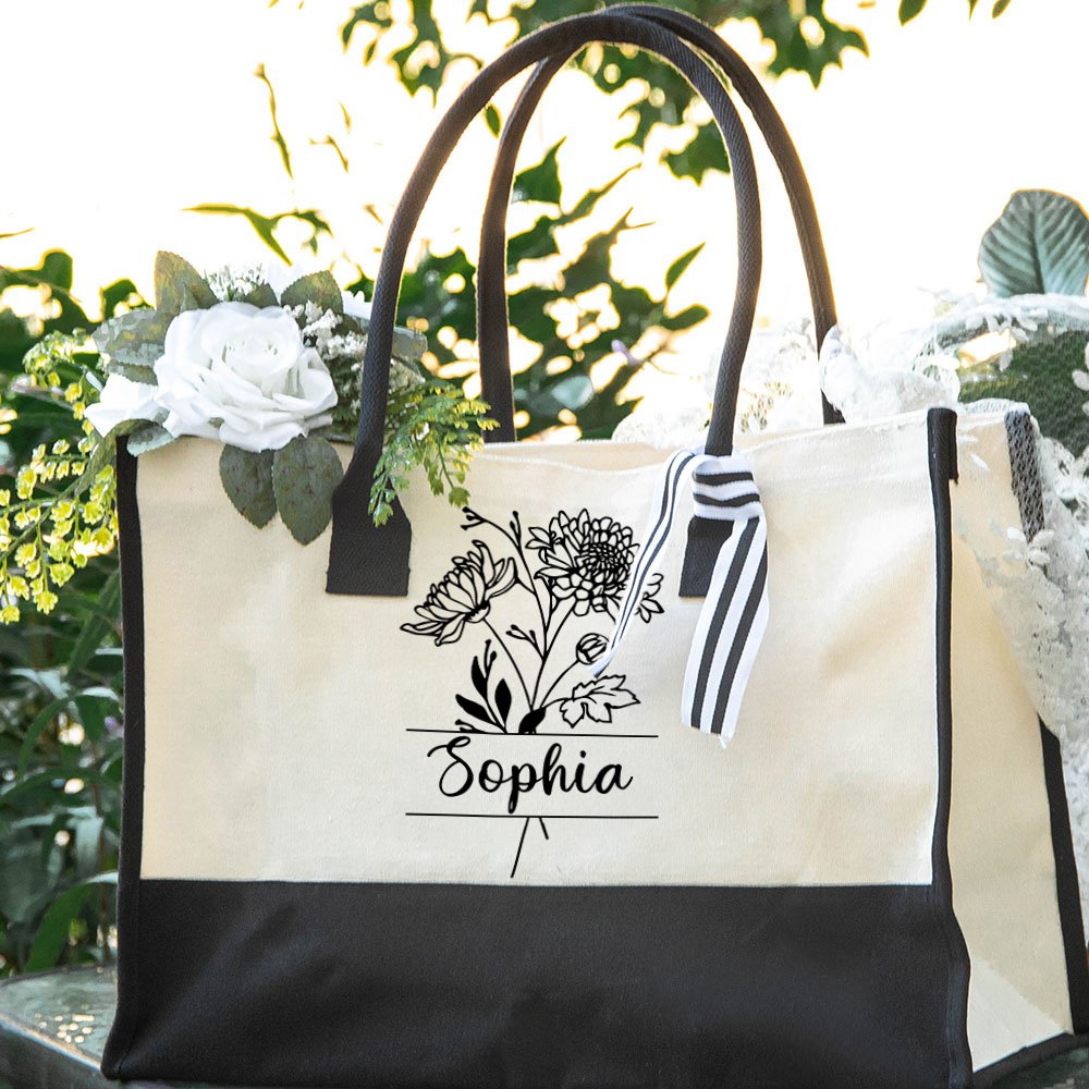Personalized Black and White Birth Flower Canvas Tote Bag with Waterproof Liner Bridesmaid Beach Party Gift for Women Girls 3