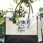 Personalized Black and White Birth Flower Canvas Tote Bag with Waterproof Liner Bridesmaid Beach Party Gift for Women Girls 3