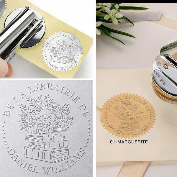 Tampon de Gaufrage Personnalisé avec Texte Pince à Gaufrer pour Enveloppe Livre Style Crâne Cadeau Anniversaire pour Amoureux des Livres