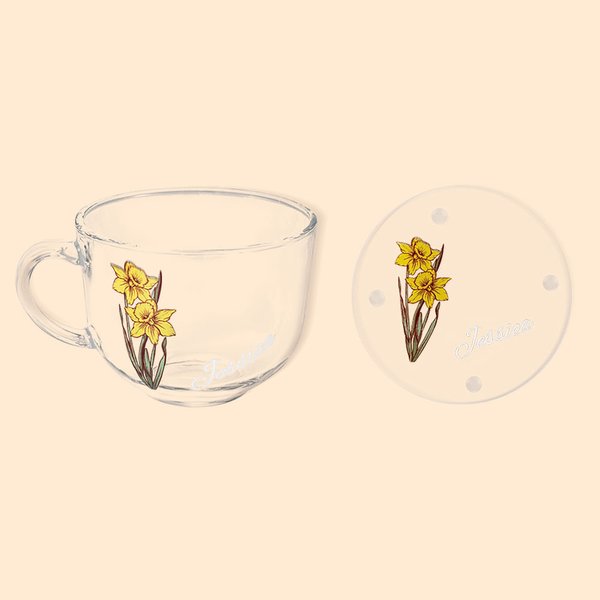 Personalisierte Geburt Blume 16oz Becher und Untersetzer mit Namen Geburtstag Muttertag Geschenk für sie