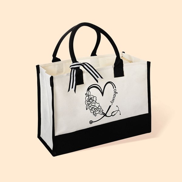 Borsa Tote con stetoscopio a cuore personalizzata con nome e fiore Regalo di compleanno di laurea per studente di medicina infermiere