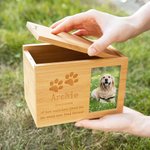 Wooden Pet Paw Print Urn Ash Box Photo Engraved Text Memorial Gift for Pet Owners Lovers