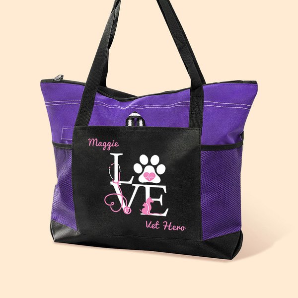 Borsa personalizzata Love Veterinary Technician Tote Bag con nome Regalo di grande capacità per la settimana del veterinario per gli amanti degli animali.