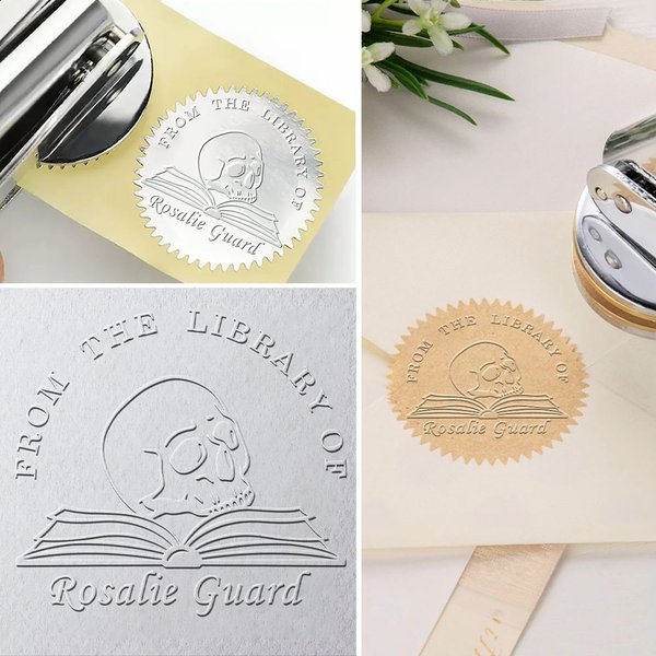 Cráneo y flor góticos personalizados de la biblioteca del libro de la mano Embosser Estampilla fijada con el nombre Regalo del cumpleaños para el amante del libro