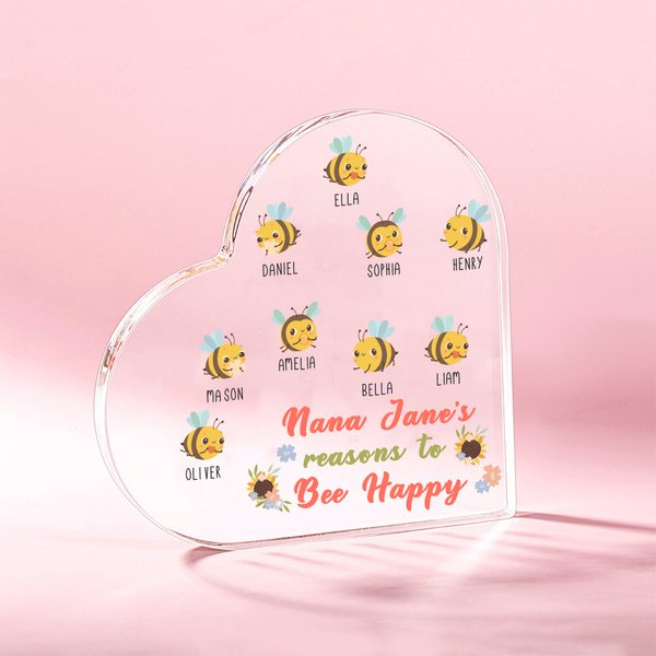 Personalised Nana's Reasons to Bee Happy Heart-shaped Acrylic Plaque with 2-15 Names Mother's Day Birthday Gift for Grandma Family