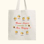Personalised Bee Happy Canvas Tote Bag with 2-15 Names Mother's Day Birthday Gift for Her