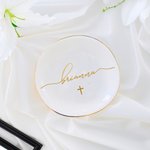 Personalized Cross Ceramic Jewellery Ring Dish with Name Birthday Baptism Gift for Girl