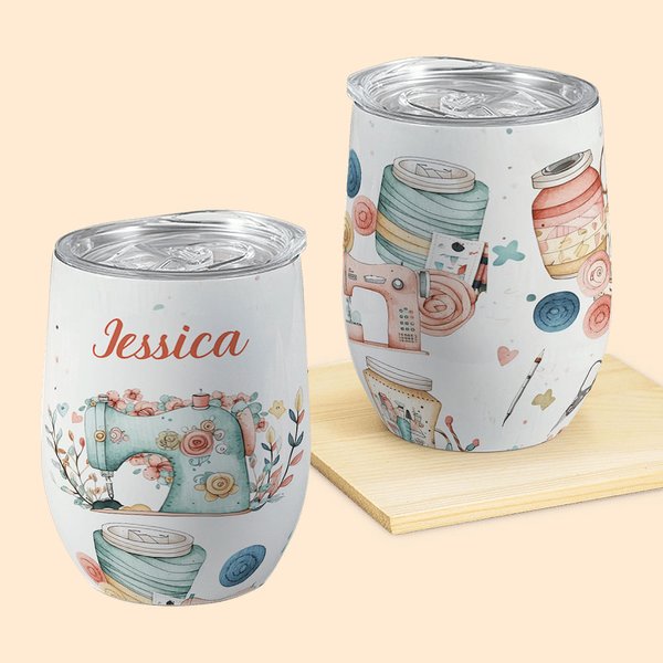 Vaso de vino aislado personalizado con tema de costura 12oz Taza de café Regalo de cumpleaños Día de la madre para amante de la costura