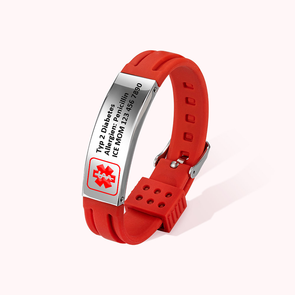 Personalisiertes Einstellbares Silikon Notfall Armband mit Edelstahl-ID Wasserdichtem Namensschild Erste Hilfe Gesundheitsgeschenk für Herren Damen