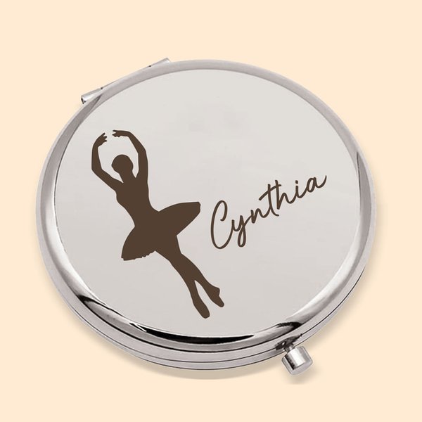 Personalized Engraved Dance Ballerina Silhouette Folded Pocket Makeup Mirror with Name Birthday Wedding Gift for Her