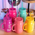 Personalised Multi-colour 20oz Name Tumbler Marson Jar with Lid and Straw Party Bridesmaid Gift for Her