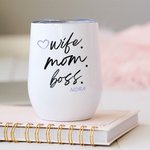 Personalised Wife Mom Boss 12oz Insulated Wine Tumbler Coffee Cup with Name and Straw Cleaning Brush Birthday Mother's Day Gift for Woman