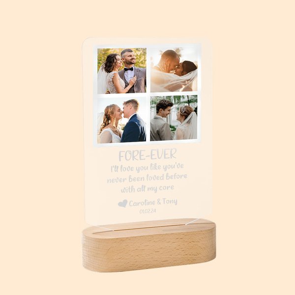Plaque en Acrylique Personnalisée avec Nom et 4 photos Collage LED Veilleuse avec Base en Bois Cadeau d'Anniversaire de Mariage pour Couple