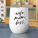 Personalised Wife Mom Boss 12oz Insulated Wine Tumbler Coffee Cup with Name and Straw Cleaning Brush Birthday Mother's Day Gift for Woman
