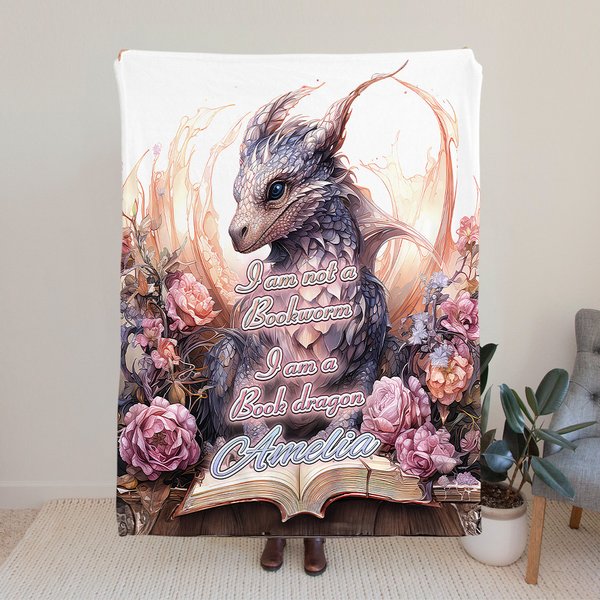 Personalised Floral Book Dragon Soft Blanket with Name Birthday Gift for Readers Dragon Lovers
