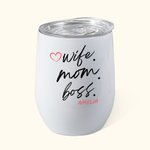 Personalised Wife Mom Boss 12oz Insulated Wine Tumbler Coffee Cup with Name and Straw Cleaning Brush Birthday Mother's Day Gift for Woman