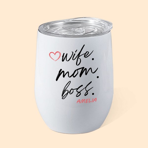 Personalised Wife Mom Boss 12oz Insulated Wine Tumbler Coffee Cup with Name and Straw Cleaning Brush Birthday Mother's Day Gift for Woman