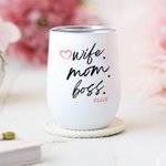 Personalised Wife Mom Boss 12oz Insulated Wine Tumbler Coffee Cup with Name and Straw Cleaning Brush Birthday Mother's Day Gift for Woman
