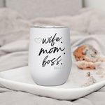 Personalised Wife Mom Boss 12oz Insulated Wine Tumbler Coffee Cup with Name and Straw Cleaning Brush Birthday Mother's Day Gift for Woman