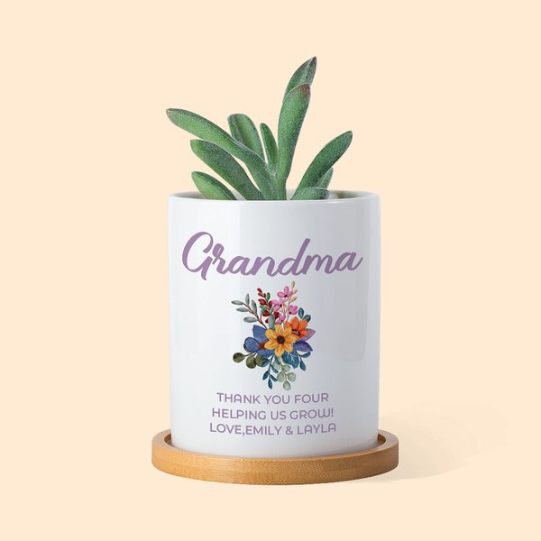 Personalisierte schönen Blumenstrauß Keramik Pflanze Topf und Bambus Basis mit Namen Geburtstag Muttertag Geschenk für Mutter Großmutter