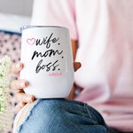 Personalised Wife Mom Boss 12oz Insulated Wine Tumbler Coffee Cup with Name and Straw Cleaning Brush Birthday Mother's Day Gift for Woman