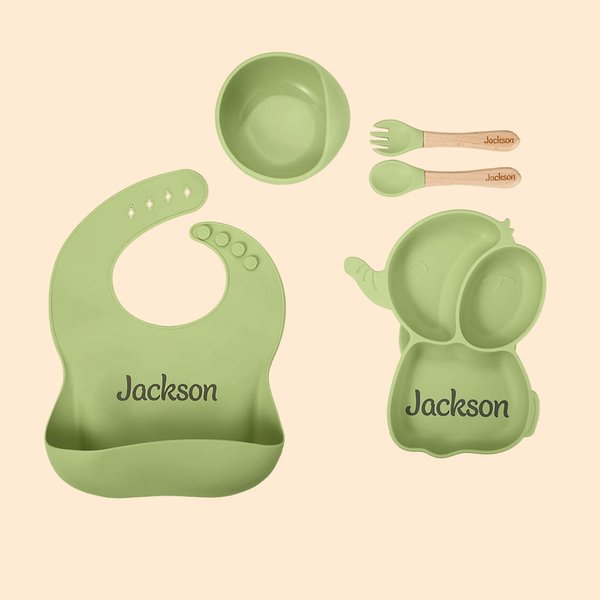 Gepersonaliseerde Food Grade Silicone Olifant Baby Voedingsset met Verdeelde Zuigplaat Baby Shower Gift voor Peuter