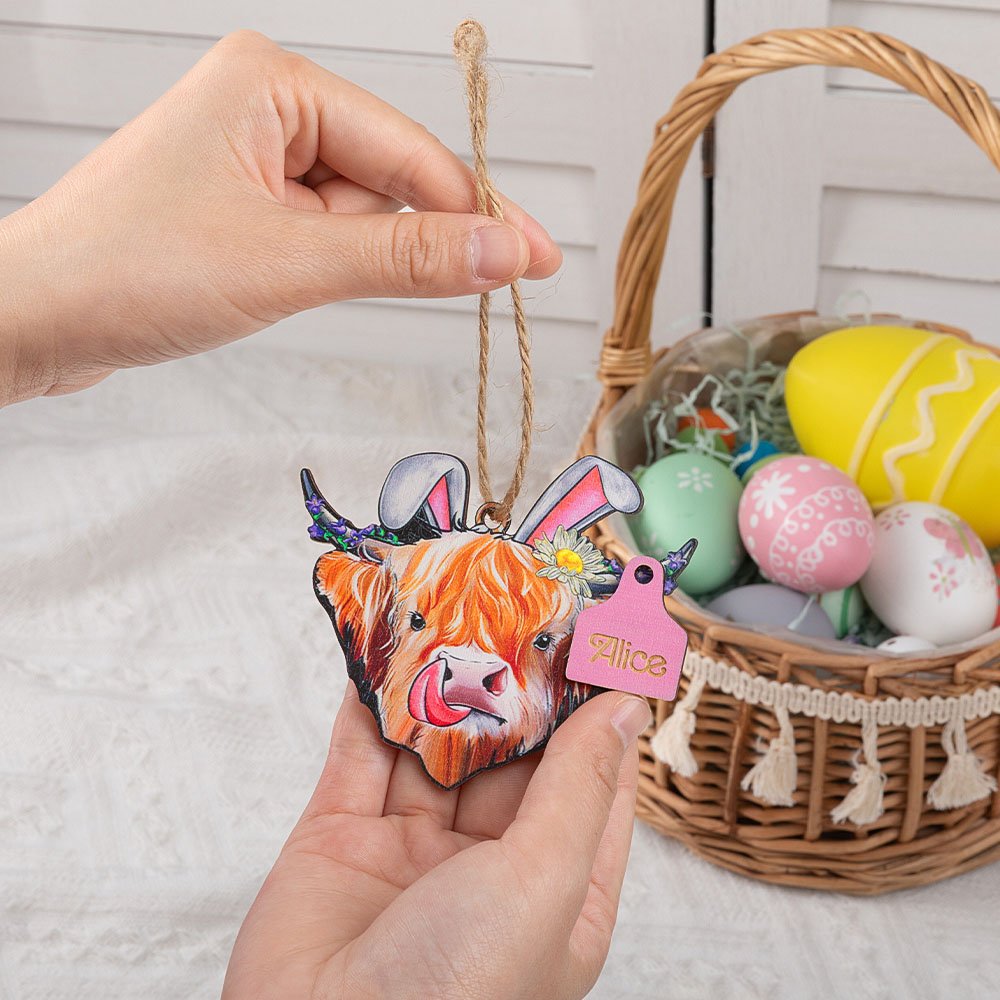 Cestino di mucca Highland personalizzato con orecchie da coniglio e targhetta in legno con nome Regalo di compleanno e di Pasqua per gli amanti delle mucche Highland 3