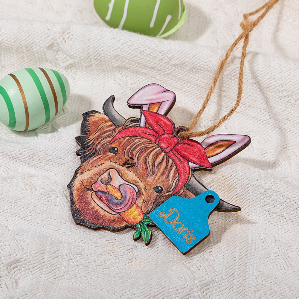 Cestino di mucca Highland personalizzato con orecchie da coniglio e targhetta in legno con nome Regalo di compleanno e di Pasqua per gli amanti delle mucche Highland 5