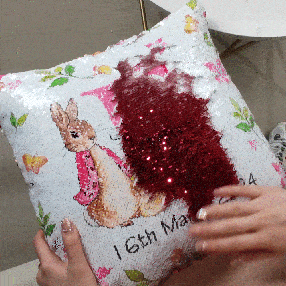 Funda de almohada de lentejuelas personalizada Peter Rabbit con nombre inicial y fecha Conejito Decoración de vacaciones Cumpleaños Pascua Regalo para