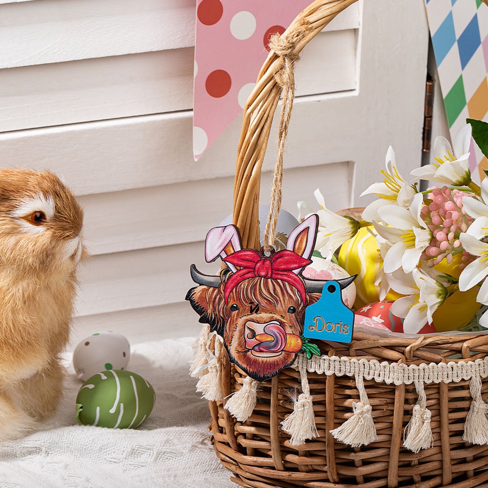 Cestino di mucca Highland personalizzato con orecchie da coniglio e targhetta in legno con nome Regalo di compleanno e di Pasqua per gli amanti delle mucche Highland 4