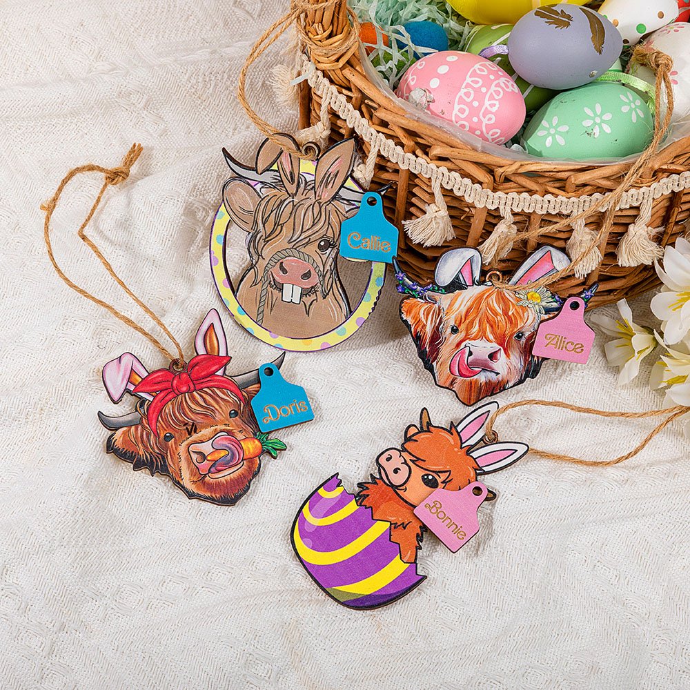 Cestino di mucca Highland personalizzato con orecchie da coniglio e targhetta in legno con nome Regalo di compleanno e di Pasqua per gli amanti delle mucche Highland 2