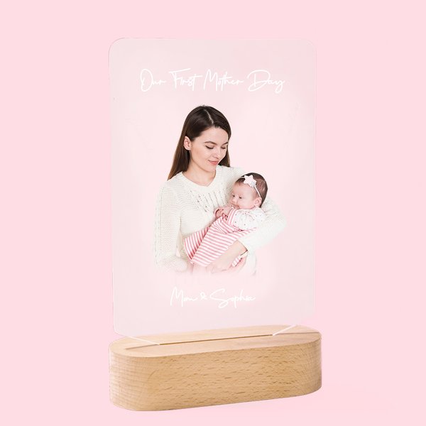 Personalisierte Foto LED-Nachtlicht mit Holzsockel Muttertag Geburtstag Geschenk für Mama