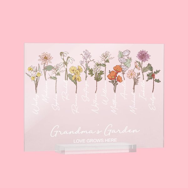 Personlig akvarell Födelseblomma Akrylplatta med 1-15 namn Heminredning Födelsedag Mors dag Present till mamma mormor
