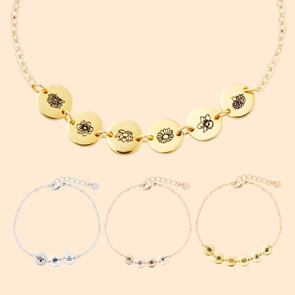 Personalizado 1-6 Grabado Nacimiento Flor Disco Pulsera Día de la Madre Cumpleaños Regalo para Mamá Abuela