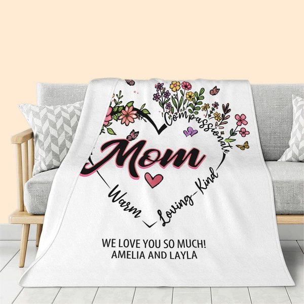 Personalisierte weiche Herz-Blumen-Design-Muster-Decke mit Text Geburtstag Muttertag Geschenk für Familie Freund