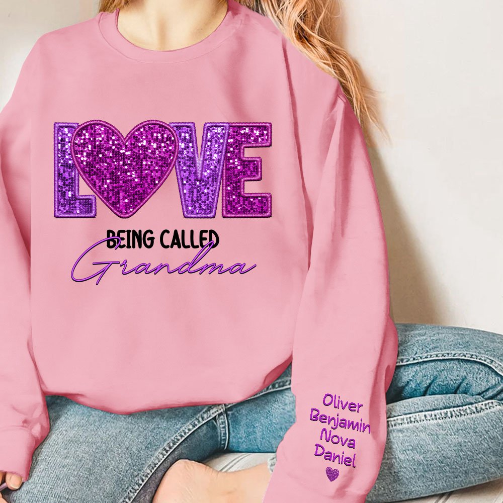Personlig Love Being Called Grandma Faux Embroidery Sequin T-shirt Sweatshirt med 1-14 namn Mors dag Födelsedagspresent för mormor mamma 5
