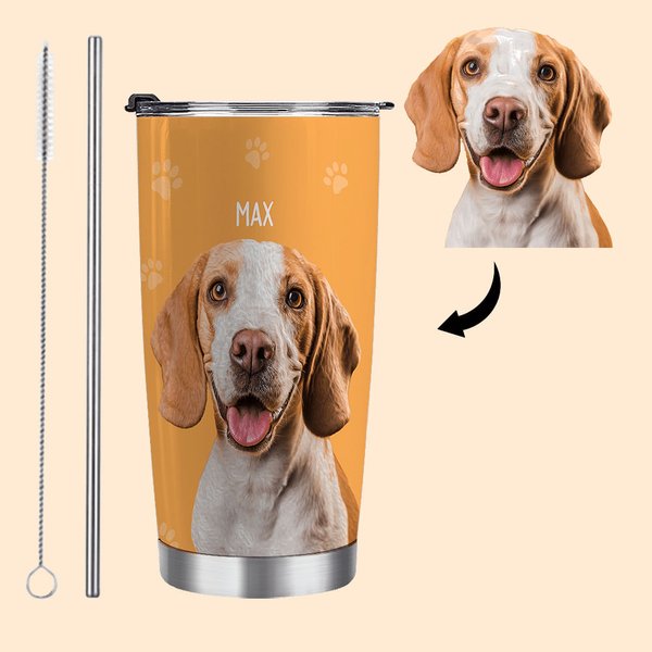 Personalised Paw Bone Heart Pet Portrait Stainless Steel 20oz Tumbler with Name Birthday Anniversary Gift for Pet Lover