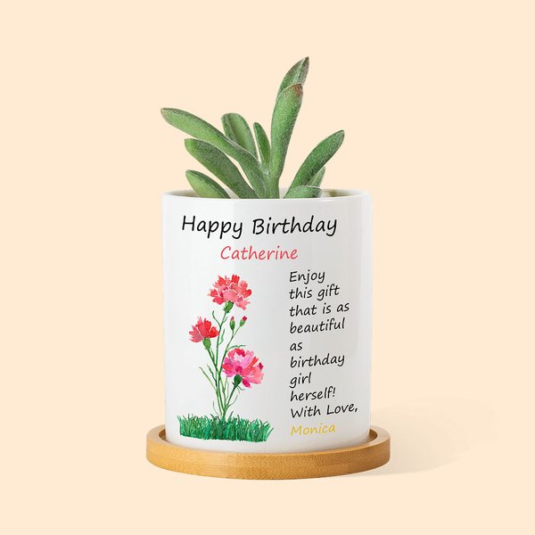 Acquerello personalizzato Nomi di benedizione dei fiori di nascita Vaso per piante in ceramica con base in bambù Regalo di compleanno per la festa del