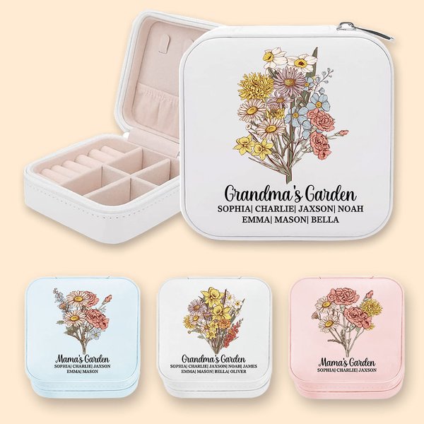 Estuche de joyería de piel con nombre Personalizado Acuarela Ramo de flores de nacimiento Día de la Madre Regalo de cumpleaños para mujer