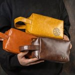 Personalized Engarved Monogram Waterproof Leather Toiletry Bag with Handle Groomsmen Anniversary Father's Day Gift for Men