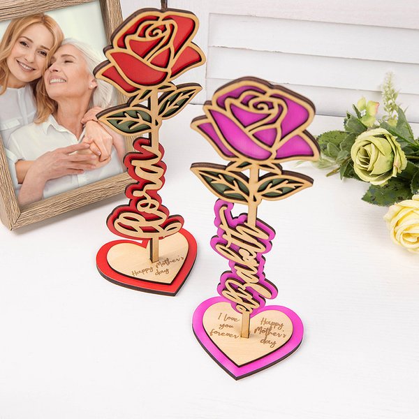 Personalizzato 3D Standable Base di legno a forma di cuore di rosa con testo inciso Decorazione da scrivania Regalo per la festa della mamma