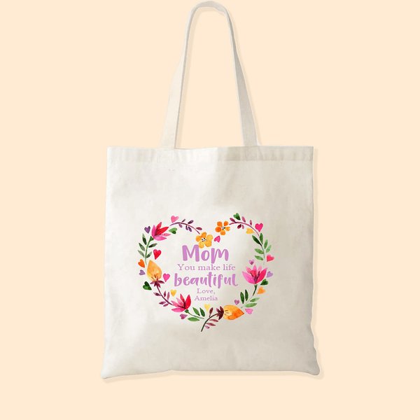 Personalized You Make Life Beautiful Floral Hoop Canvas Tote Bag with Name Mother's Day Gift for Mom Grandma