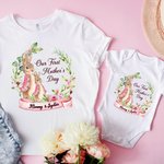 T-shirt adulte Peter Rabbit Bunny Floral et Onesie avec noms personnalisés Cadeau de fête des mères pour bébé et nouvelle maman
