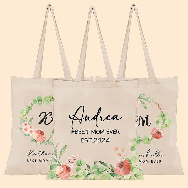 Personalizzato Best Mom Ever Floral Canvas Tote Bag con nome e testo Regalo di compleanno per la festa della mamma per donna